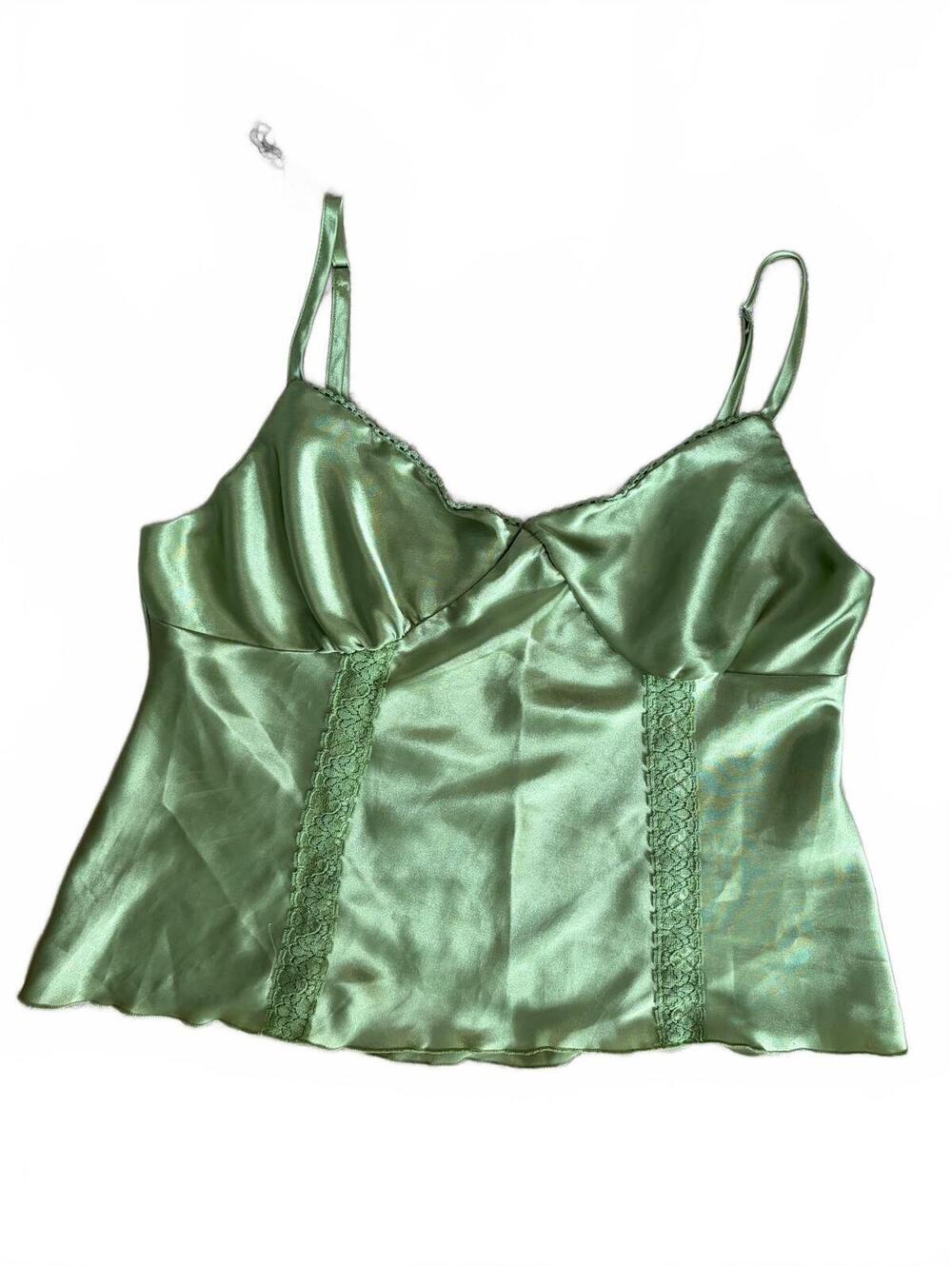 AGB Y2K Cami Tank Top Womens XL Sage Green Lace Trim Cropped Satin